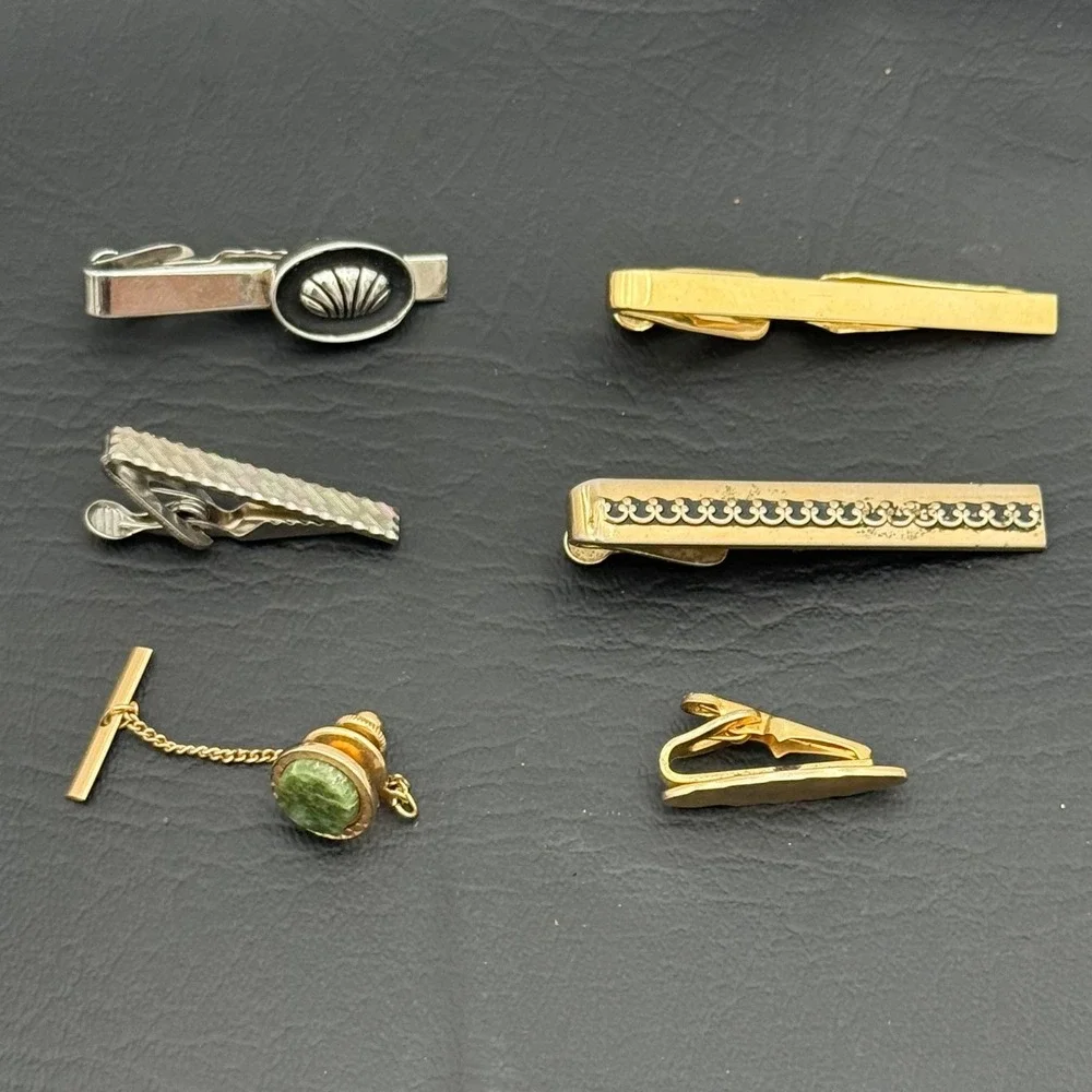 Vintage Mens Tie Clip and Tie Tack Lot 6pc Gold Silver Tone Green Stone Shell